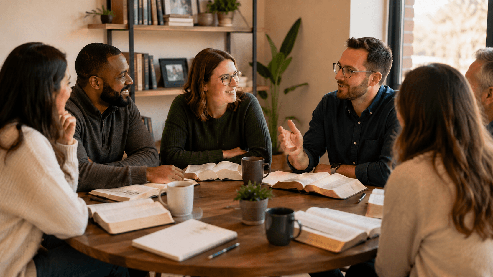 A small group discussing Scripture together around a table