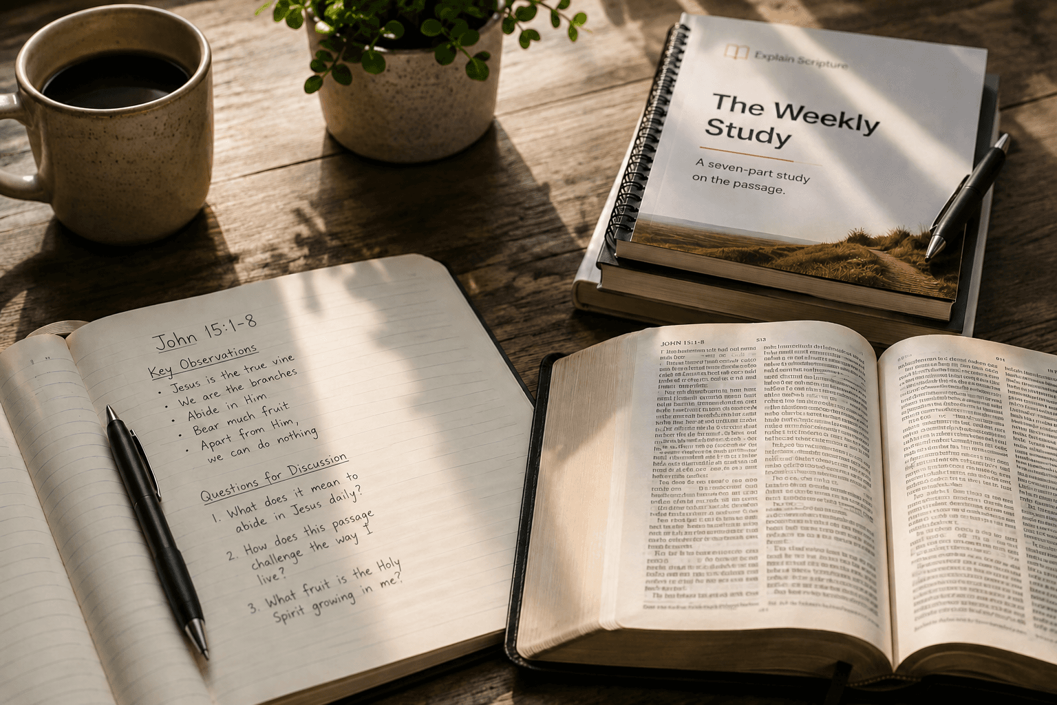 A Bible, study notes, and the Weekly Study arranged on a sunlit desk