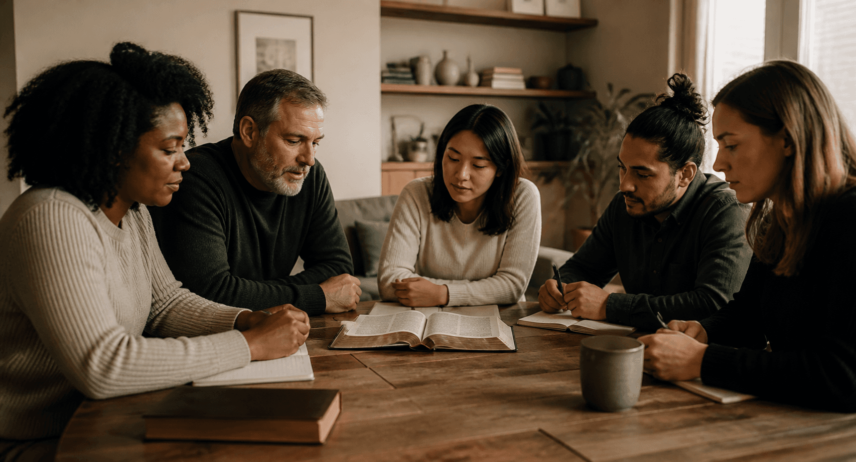 A small group studying an open Bible together around a table